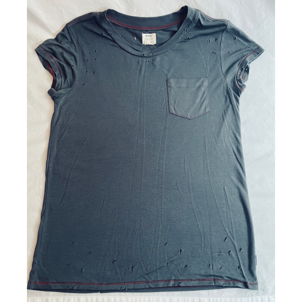 RVCA Selects Gray Distressed Short Sleeve T-Shirt with Pocket, Women's